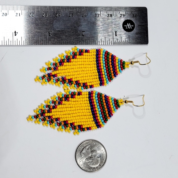 Handmade Yellow Tribal Seed Bead Fringe Earrings - Picture 2 of 5